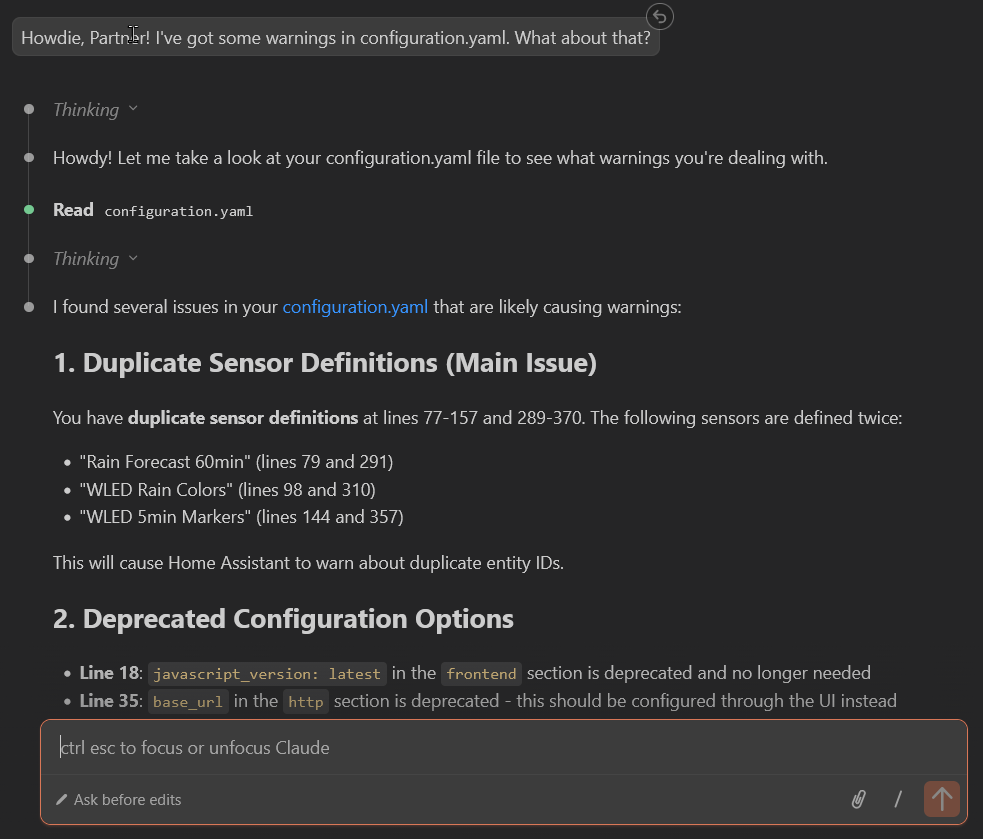 Screenshot of Claude analyzing the configuration.yaml
